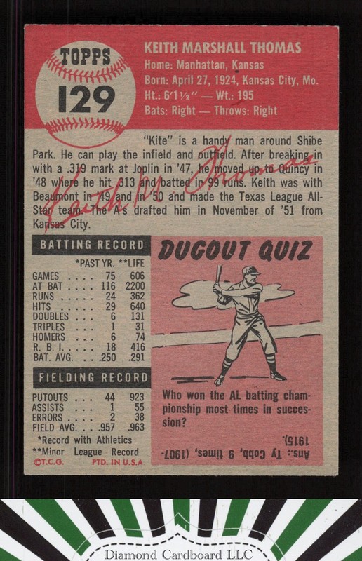 1953 Topps #129 Keith Thomas : Bio uses white text EXMT+ i, back