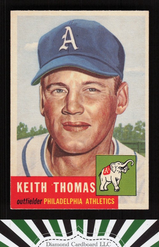 1953 Topps #129 Keith Thomas : Bio uses white text EXMT+ i, front