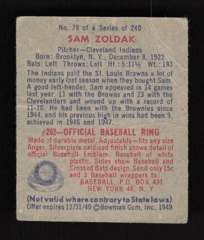 1949 Bowman #78 Sam Zoldak No Name GD, back