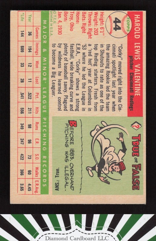 1955 Topps #44 Corky Valentine VGEX+ h, back