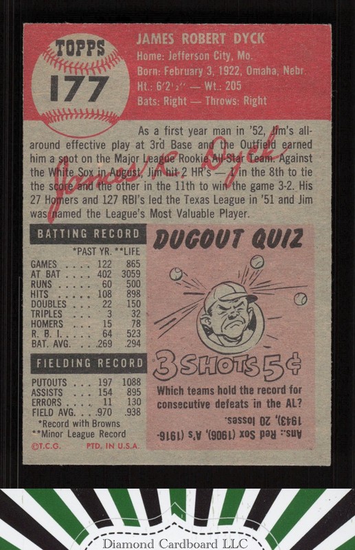 1953 Topps #177 Jim Dyck VGEX+ g, back