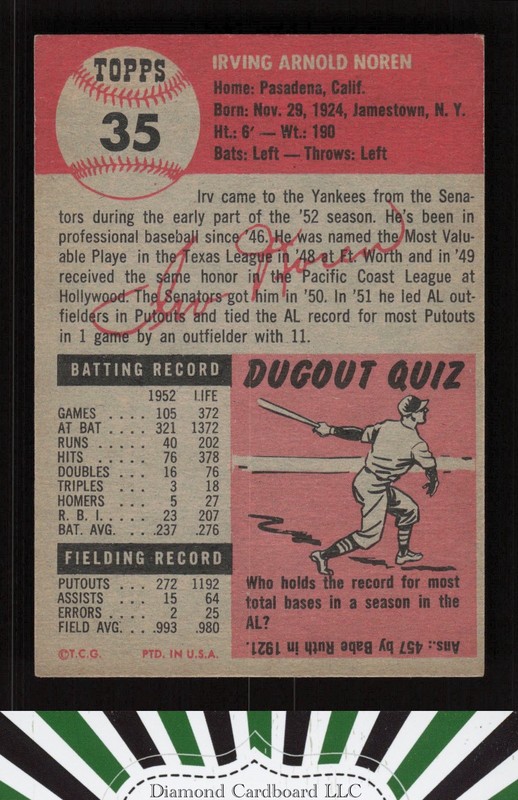 1953 Topps #35 Irv Noren EX f, back