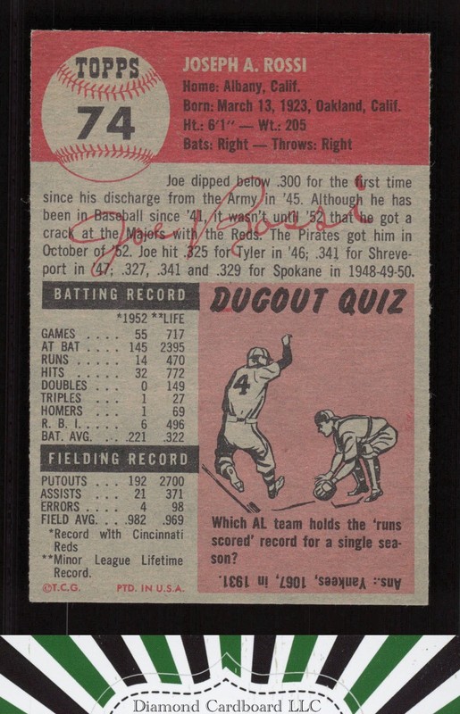 1953 Topps #74 Joe Rossi EXMT g, back