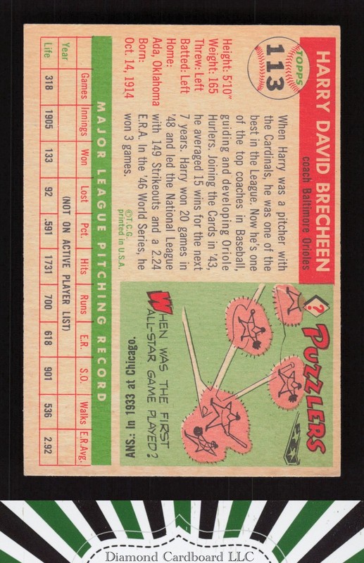 1955 Topps #113 Harry Brecheen EX+ k, back