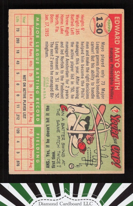 1955 Topps #130 Mayo Smith EX d, back