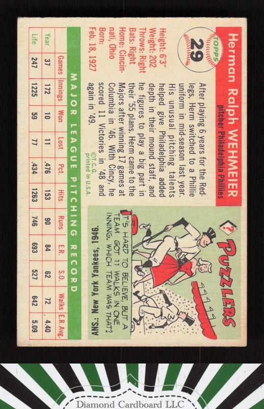 1955 Topps #29 Herman Wehmeier VGEX+ k, back