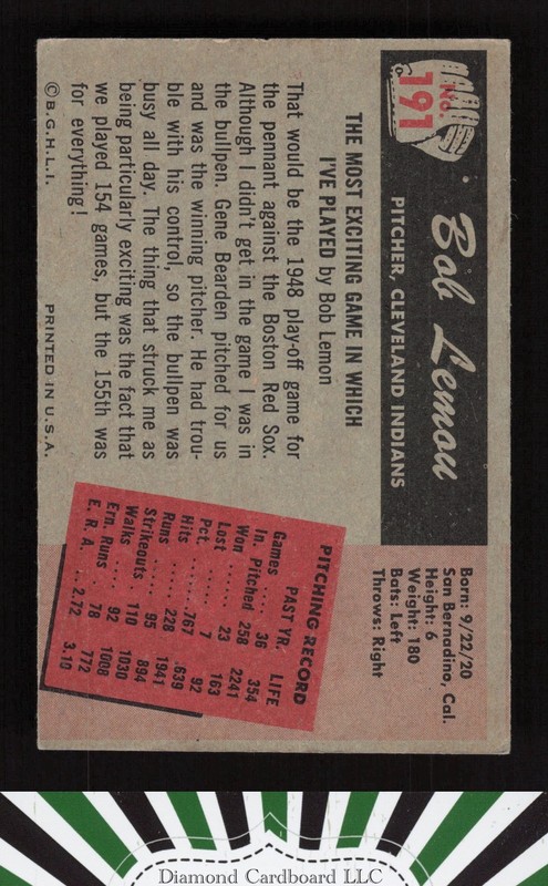 1955 Bowman #191 Bob Lemon EX c, back
