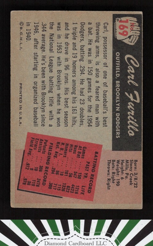 1955 Bowman #169 Carl Furillo VGEX, back