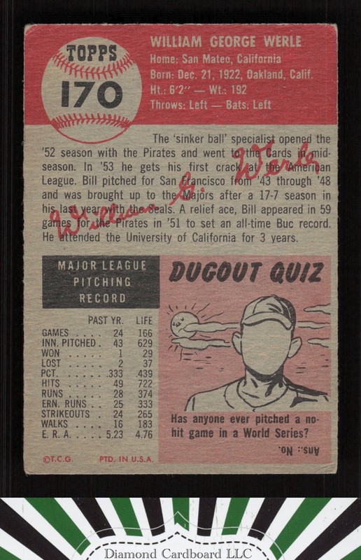 1953 Topps #170 Bill Werle VG+ d, back