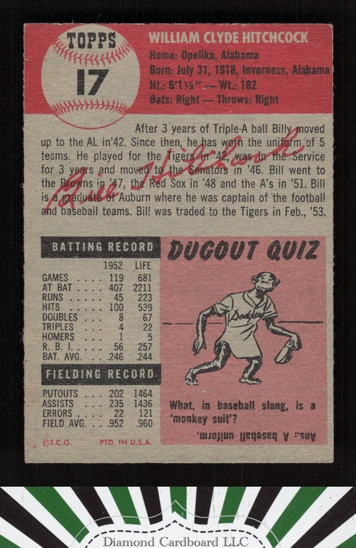 1953 Topps #17 Billy Hitchcock GD b, back