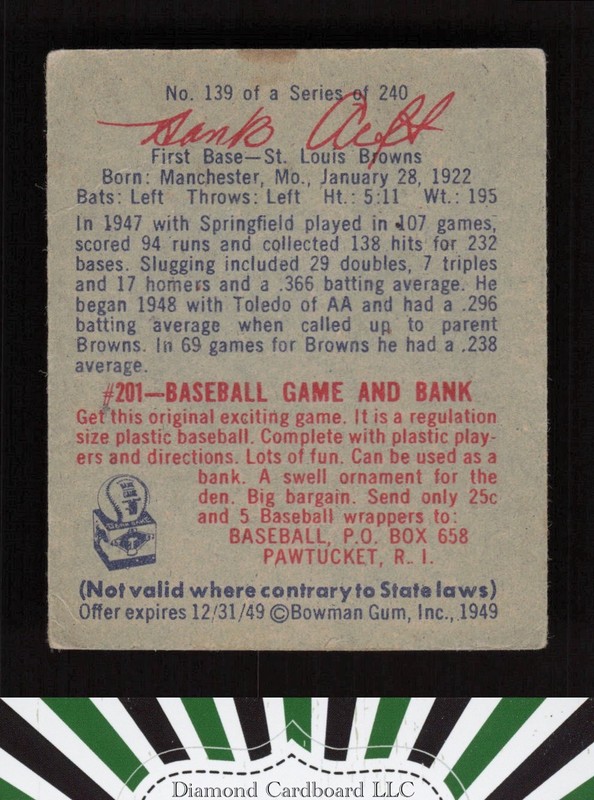 1949 Bowman #139 Hank "Bow-Wow" Arft VGEX a, back