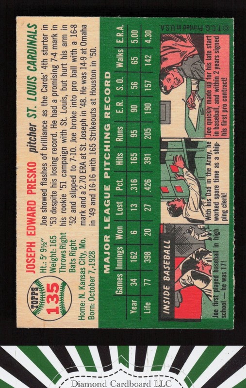 1954 Topps #135 Joe Presko NM (OC) c, back