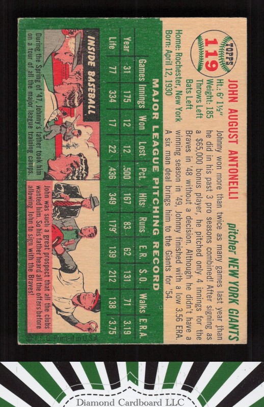 1954 Topps #119 Johnny Antonelli VG d, back