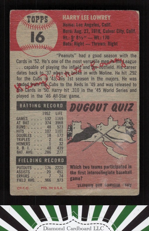 1953 Topps #16 Peanuts Lowrey GD a, back