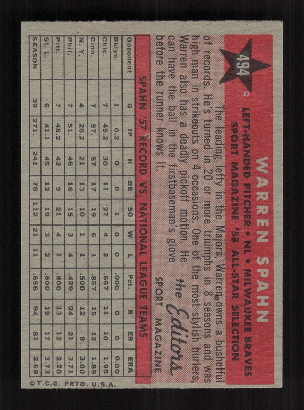 1958 Topps #494 Warren Spahn EXMT f, back