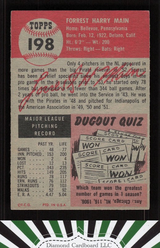 1953 Topps #198 Forrest Main VGEX+ h, back