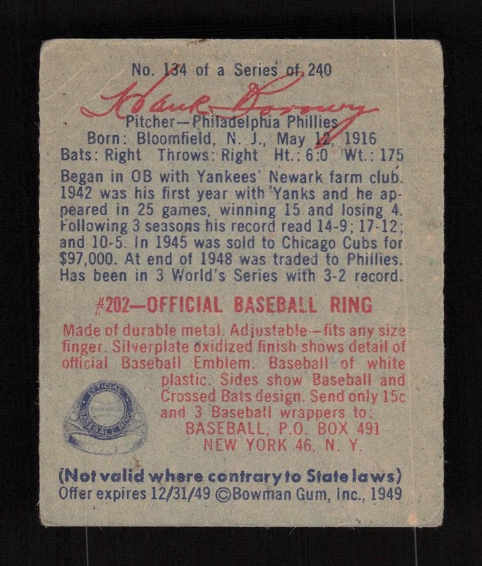 1949 Bowman #134 Hank Borowy VG, back