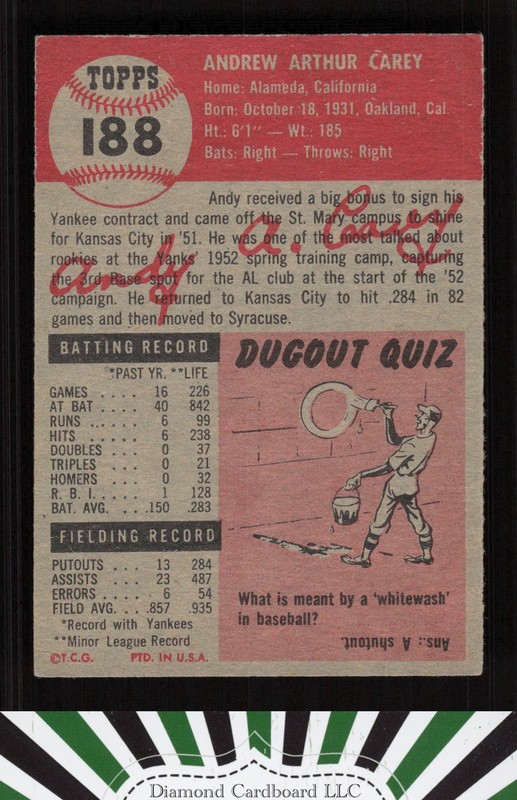 1953 Topps #188 Andy Carey VGEX b, back