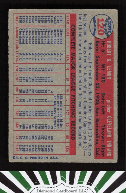 1957 Topps #120 Bob Lemon VGEX j, back