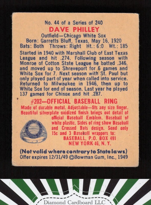 1949 Bowman #44 Dave Philley VGEX c, back