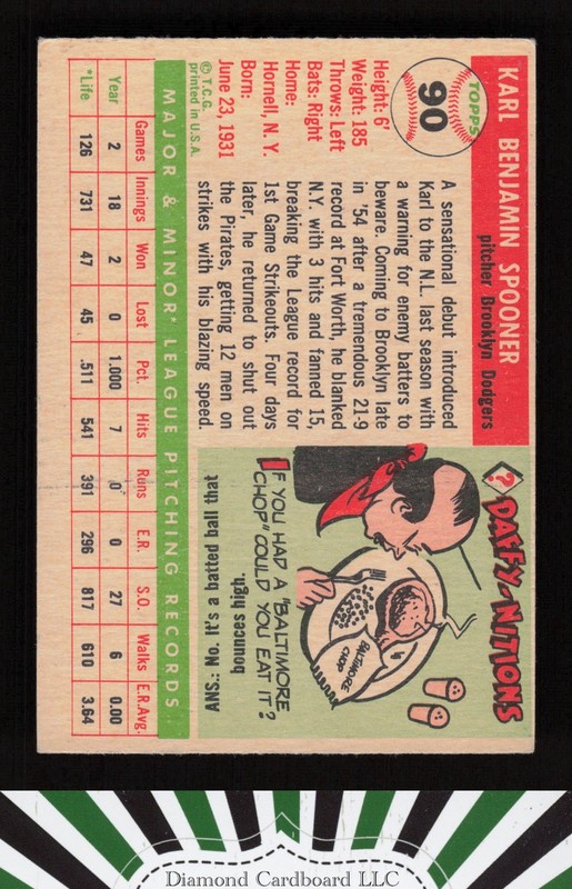 1955 Topps #90 Karl Spooner VGEX g, back