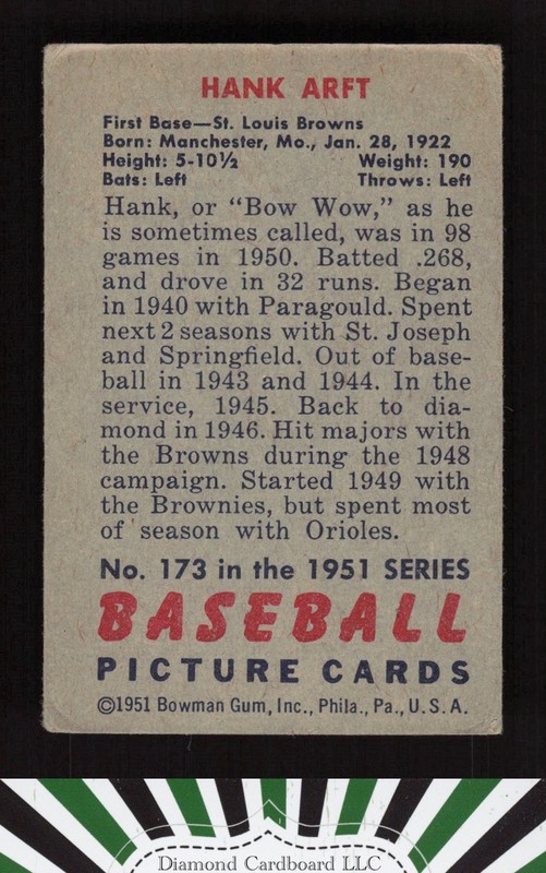 1951 Bowman #173 Hank Arft VG+, back