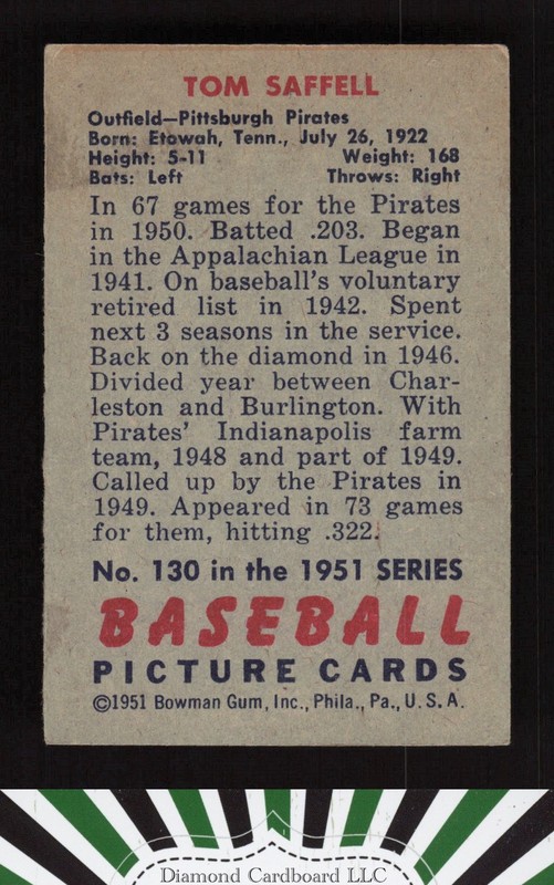 1951 Bowman #130 Tom Saffell VG+ [CENTERED], back