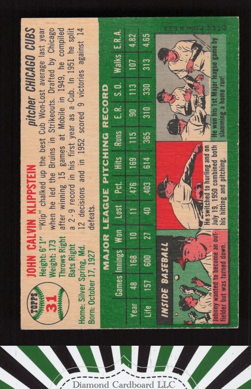 1954 Topps #31 Johnny Klippstein VGEX f, back