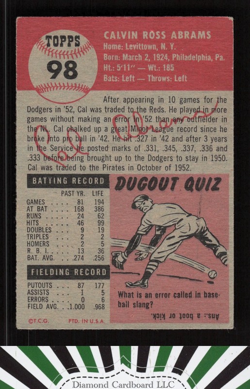 1953 Topps #98 Cal Abrams : Bio uses white text VGEX c, back
