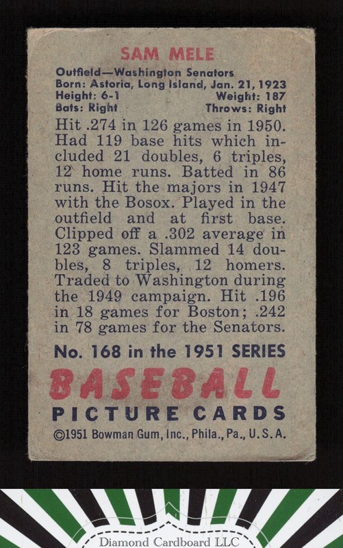 1951 Bowman #168 Sam Mele VG+, back