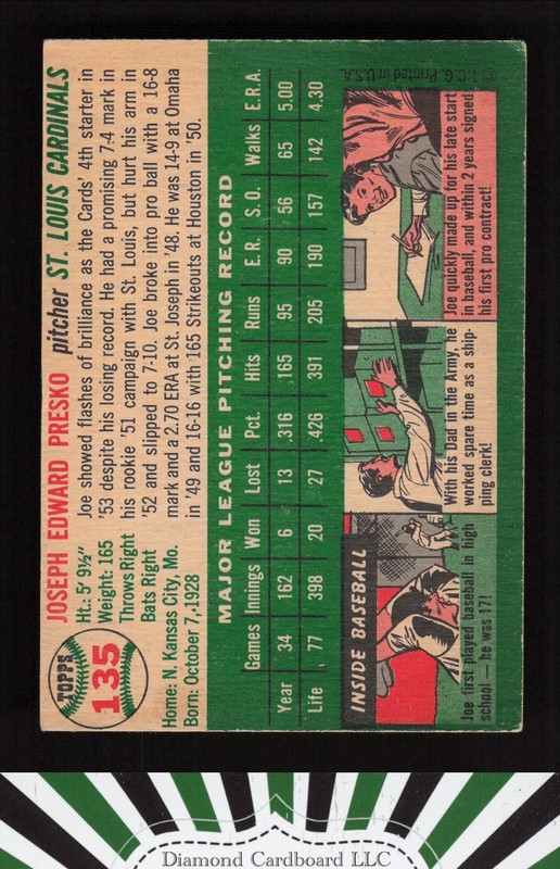 1954 Topps #135 Joe Presko VG m, back