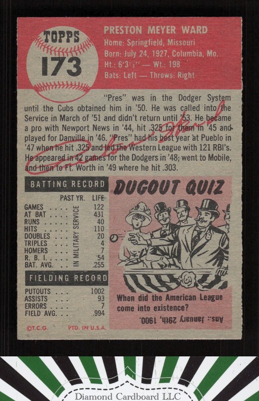 1953 Topps #173 Preston Ward VGEX [GREAT EYE APPEAL] e, back