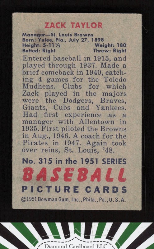 1951 Bowman #315 Zack Taylor VGEX, back