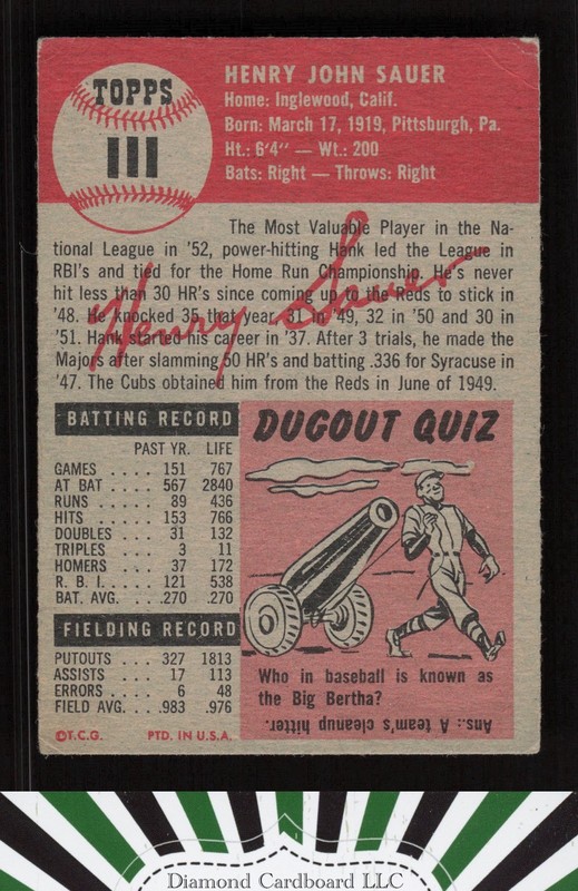 1953 Topps #111 Hank Sauer : Bio uses white text VG c, back