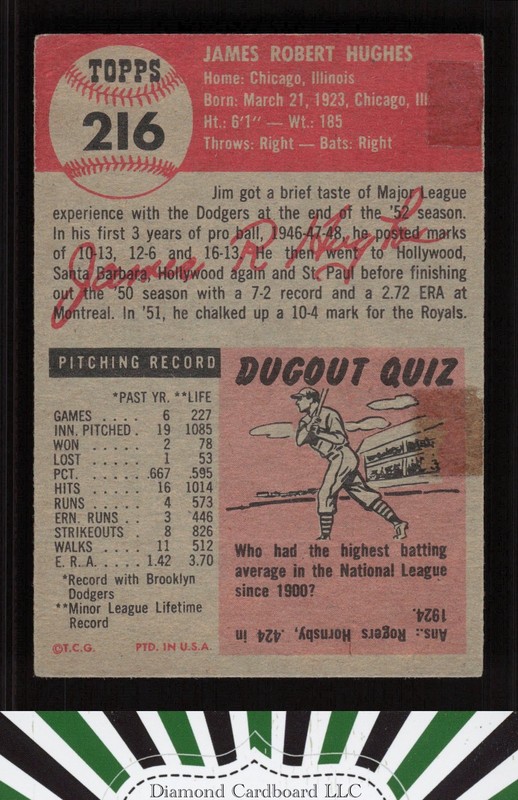 1953 Topps #216 Jim Hughes VG b, back