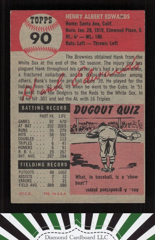 1953 Topps #90 Hank Edwards : Bio uses black text VGEX+ i, back