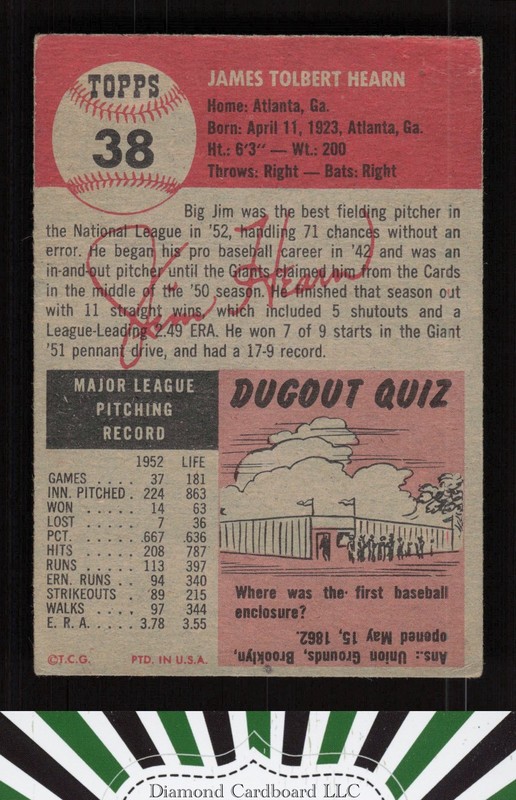1953 Topps #38 Jim Hearn VGEX a, back