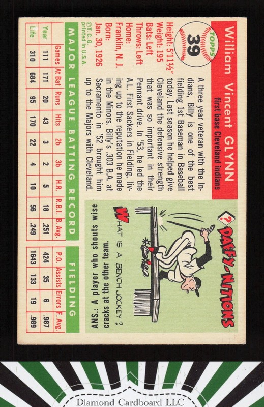 1955 Topps #39 Bill Glynn VGEX h, back