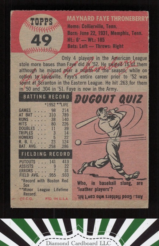 1953 Topps #49 Faye Throneberry VGEX f, back