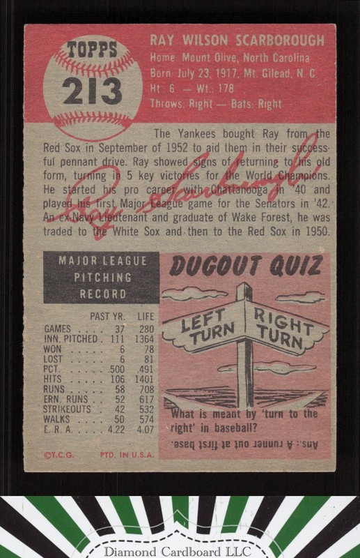 1953 Topps #213 Ray Scarborough NM h, back
