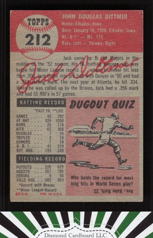 1953 Topps #212 Jack Dittmer VGEX h, back