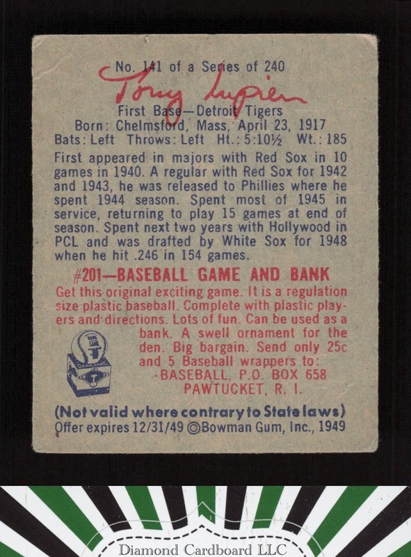 1949 Bowman #141 Ulysses "Tony" Lupien VG [GOOD EYE APPEAL] a, back