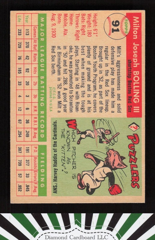 1955 Topps #91 Milt Bolling EXMT k, back