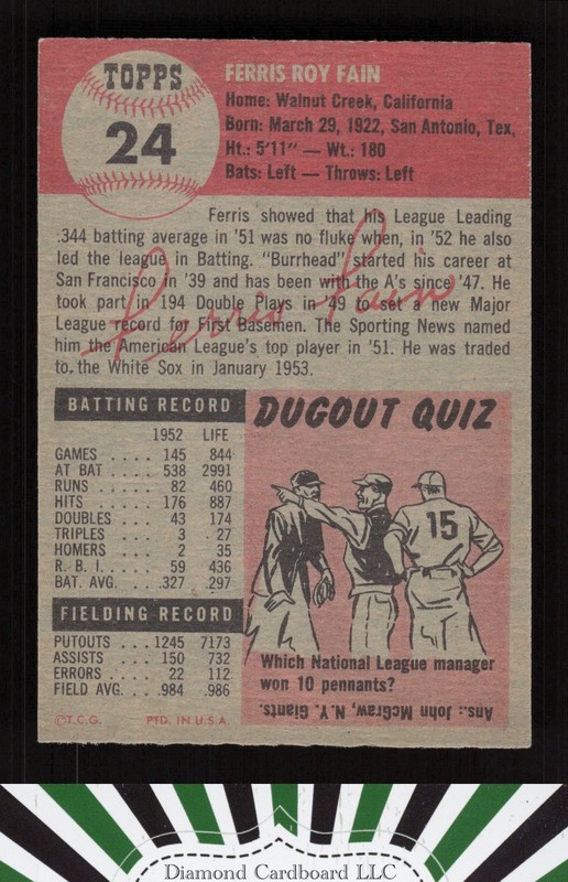 1953 Topps #24 Ferris Fain NM g, back