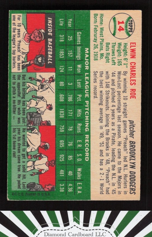 1954 Topps #14 Preacher Roe EX j, back