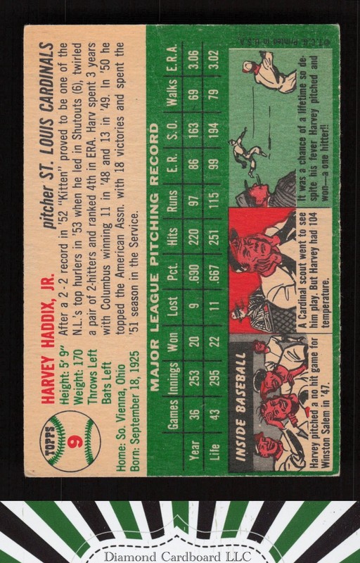 1954 Topps #9 Harvey Haddix GD g, back