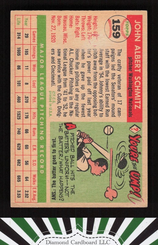 1955 Topps #159 Johnny Schmitz EX k, back
