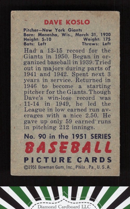 1951 Bowman #90 Dave Koslo VG, back