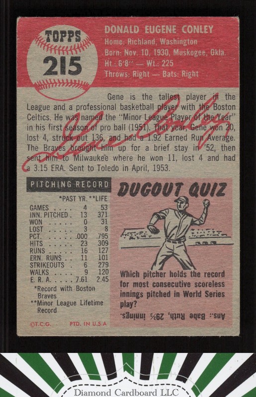 1953 Topps #215 Gene Conley VG+ e, back