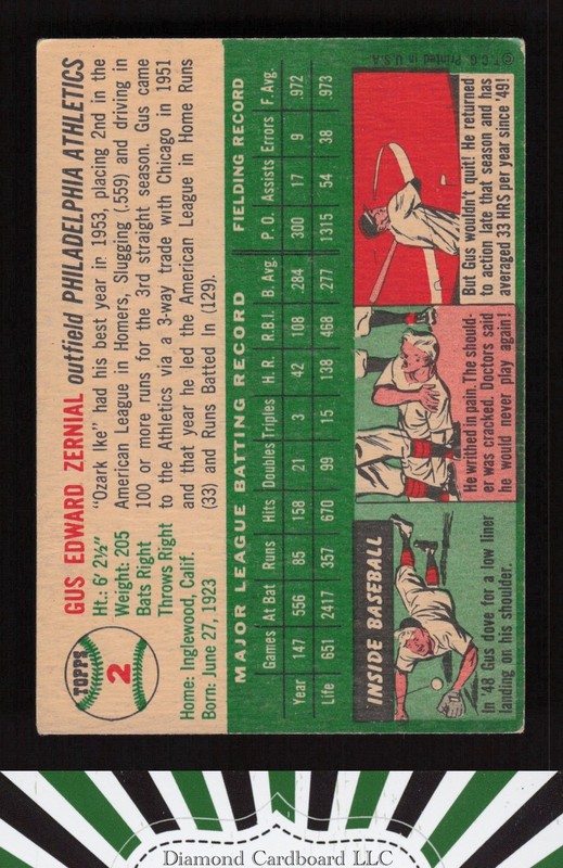 1954 Topps #2 Gus Zernial GD+ e, back
